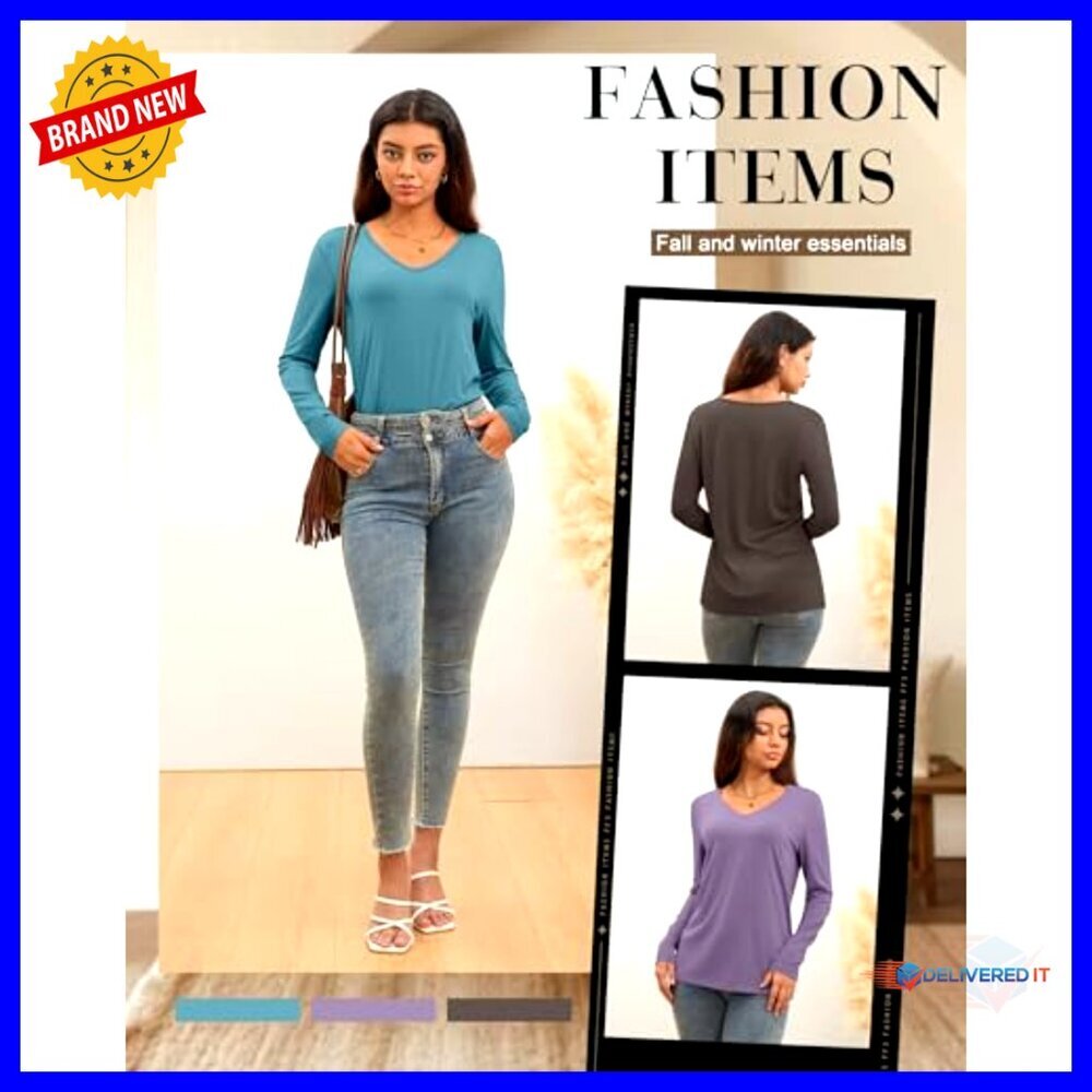 3 Pack Long Sleeve V-Neck T-Shirts, Loose Fit Casual Tops, Soft Polyester Blend - Picture 6 of 7